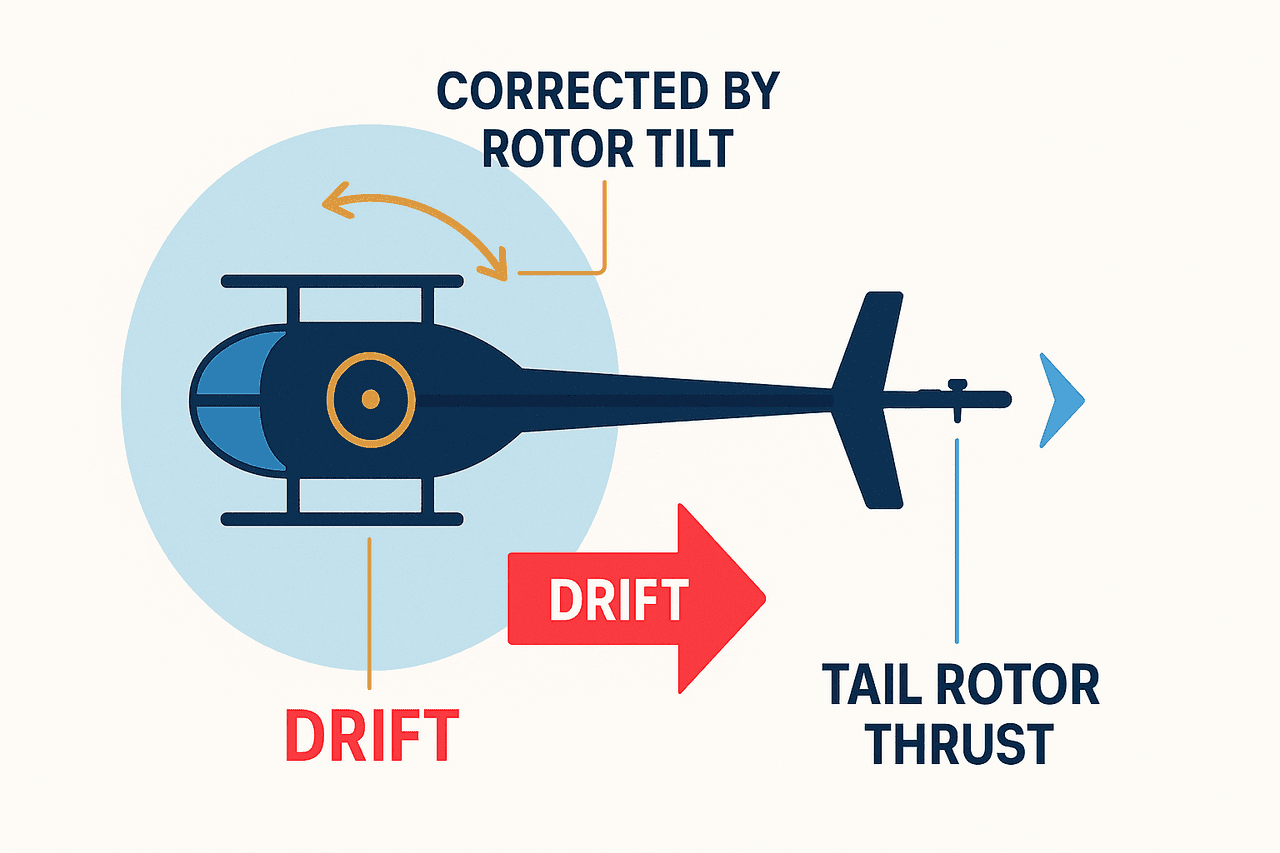 ภาพมุมหลังของเฮลิคอปเตอร์ hover แสดงแรงผลัก tail rotor ทำให้ตัวเครื่องเลื่อนข้าง นักบินชดเชยด้วย lateral cyclic