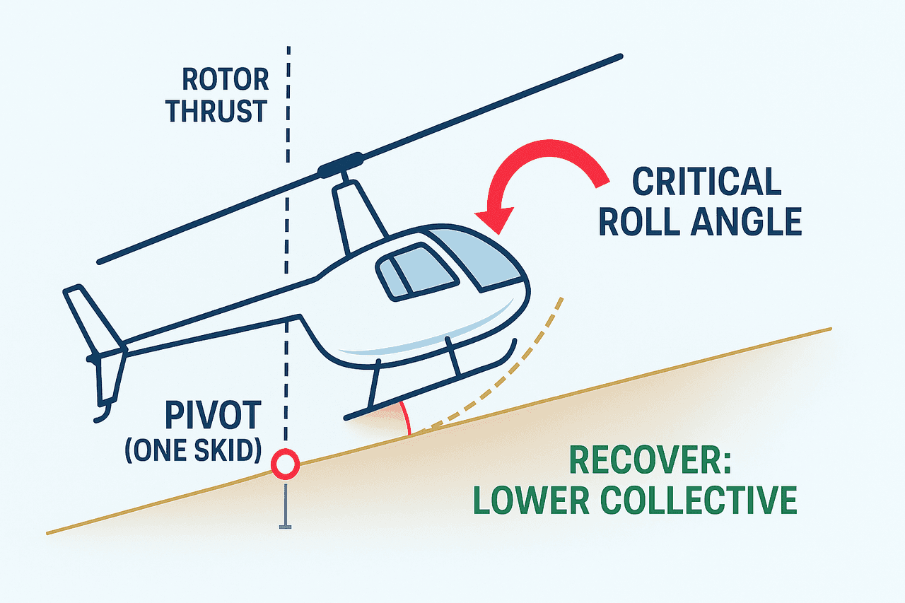 ภาพเฮลิคอปเตอร์เอียงบนพื้นรอบจุด pivot ที่ skid แสดง roll angle เกิน 10 องศา ห้ามดัน cyclic เข้าหา pivot