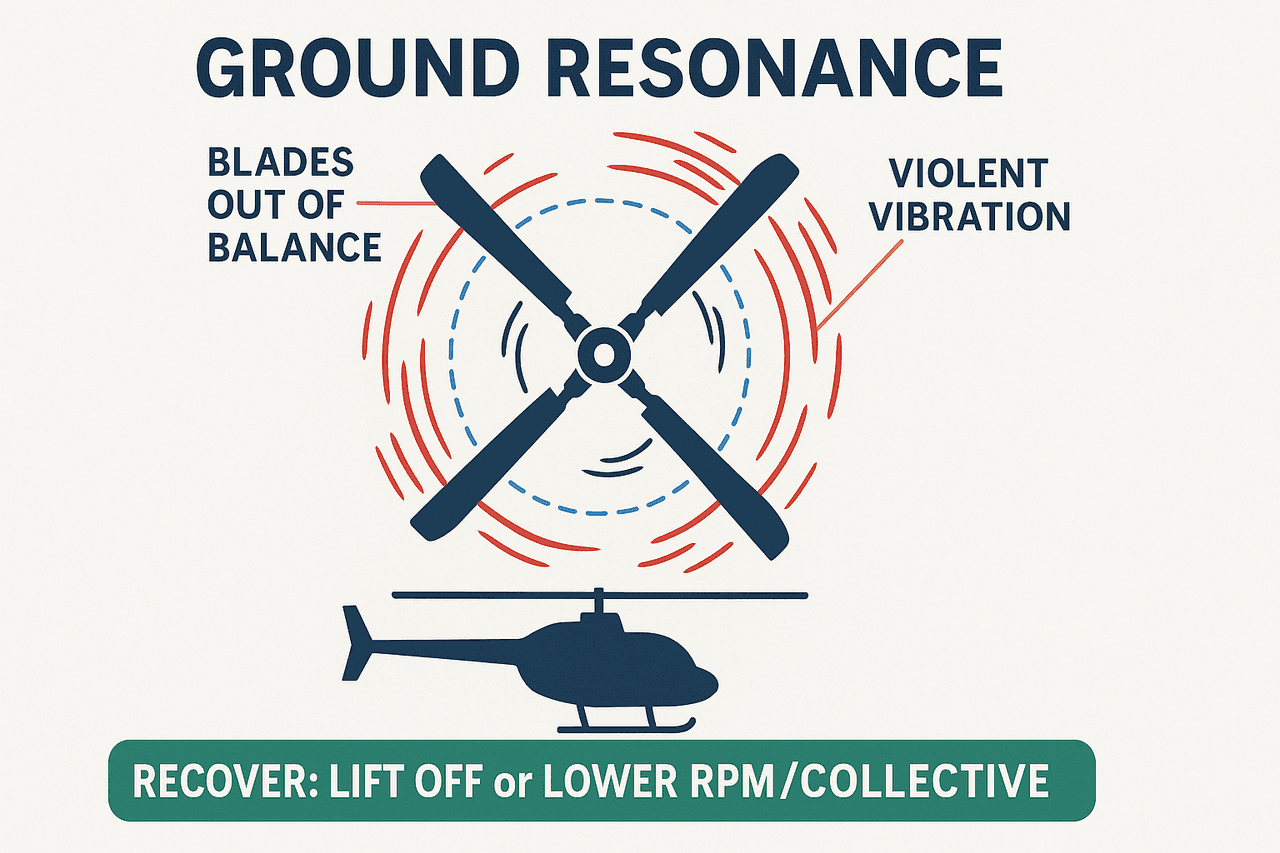 แผนภาพ ground resonance แสดง coupling ระหว่างใบ lead-lag ที่ไม่สม่ำเสมอกับความถี่ธรรมชาติของช่วงล่าง สองทางออกคือขึ้นบินหรือดับเครื่องทันที