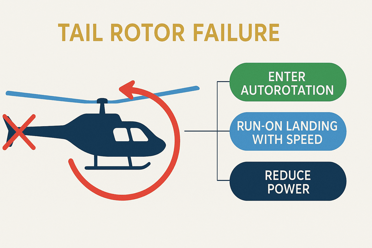 แผนภาพการแก้ tail rotor ขัดข้องในการบินหน้าและ hover พร้อมระบบ anti-torque ทางเลือก Fenestron NOTAR tandem และ coaxial