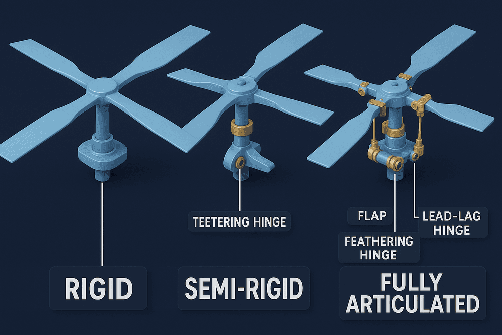 ระบบโรเตอร์หลัก 3 แบบ: rigid, semi-rigid (teetering) และ fully articulated พร้อม flap / lead-lag / feathering hinge