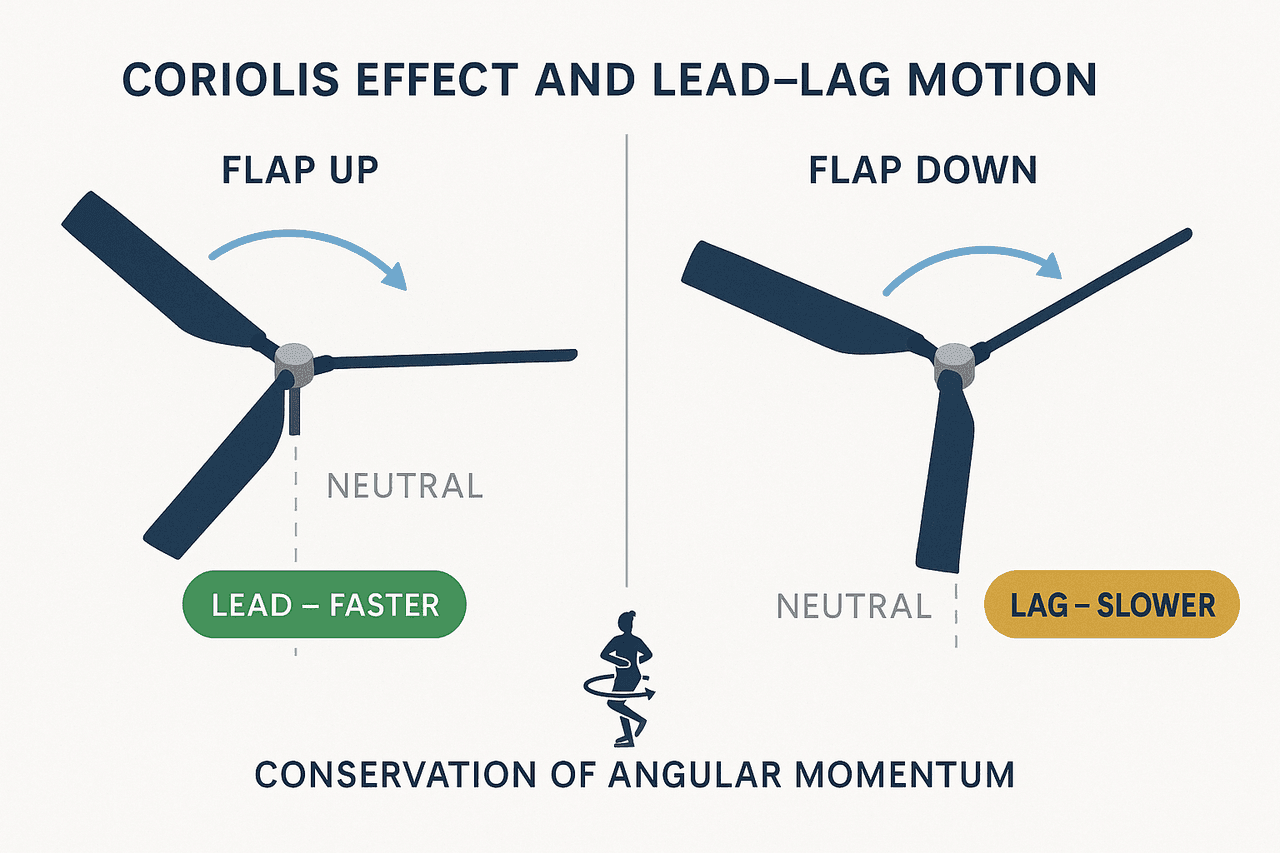 ไดอะแกรมมองจากบนของใบโรเตอร์รอบดุมกลาง เปรียบเทียบสองกรณี: FLAP UP ปลายใบเข้าใกล้แกน รัศมีลด ใบ lead เร็วขึ้น และ FLAP DOWN ปลายใบออกห่างแกน รัศมีเพิ่ม ใบ lag ช้าลง พร้อมไอคอนนักสเก็ตอธิบายการอนุรักษ์โมเมนตัมเชิงมุม