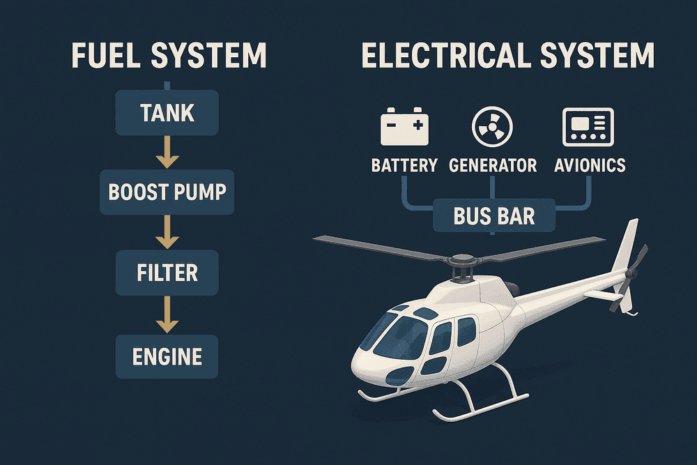 ระบบเชื้อเพลิง (tank → boost pump → filter → engine) และระบบไฟฟ้า (battery, generator, bus bar, avionics)