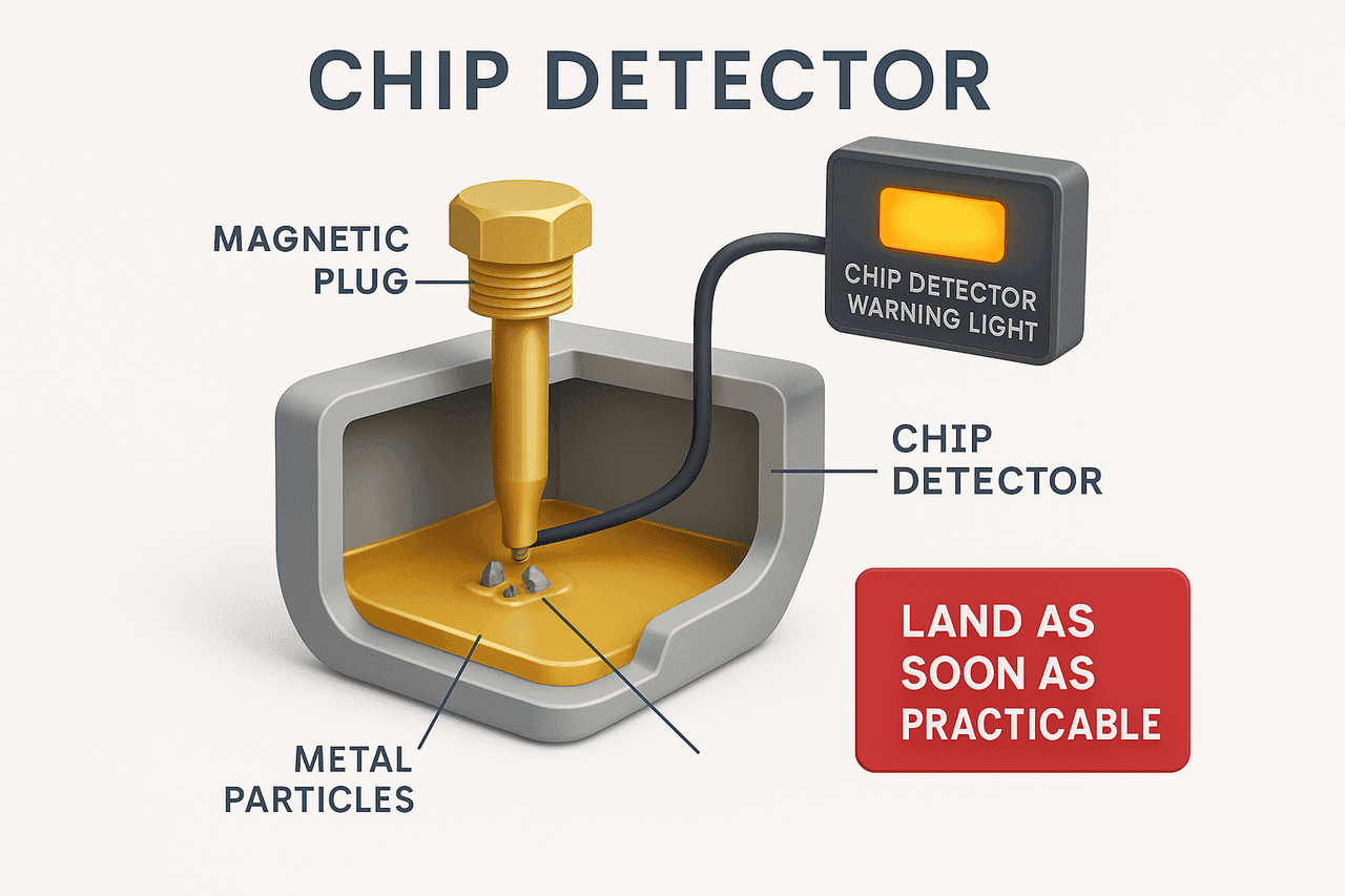 ภาพตัดแสดง Chip Detector ในสัมป์เฟืองเกียร์ ดักเศษโลหะด้วยแม่เหล็ก พร้อม warning light บนแผงหน้าปัด