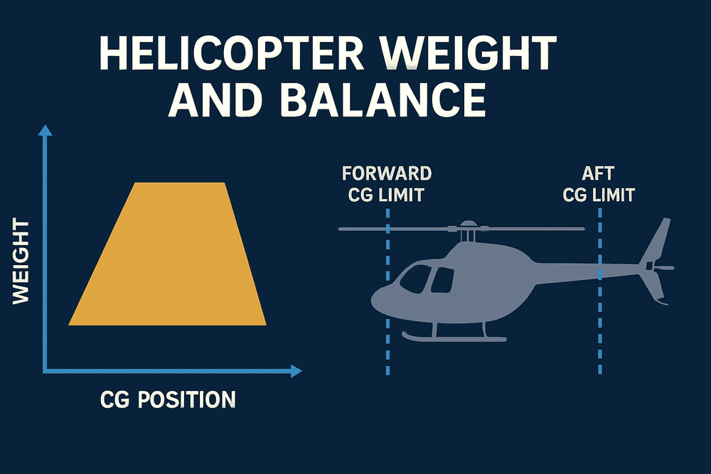 น้ำหนักและสมดุล: CG envelope (กราฟ weight เทียบ CG position) พร้อมขีดจำกัด forward/aft CG บนตัวเฮลิคอปเตอร์
