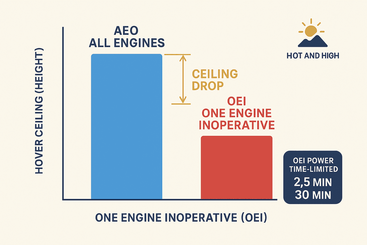 กราฟแท่งเทียบเพดาน hover แบบ AEO กับ OEI: แท่ง OEI สั้นกว่ามาก พร้อมหมายเหตุกำลัง OEI จำกัดเวลา 2.5/30 นาที