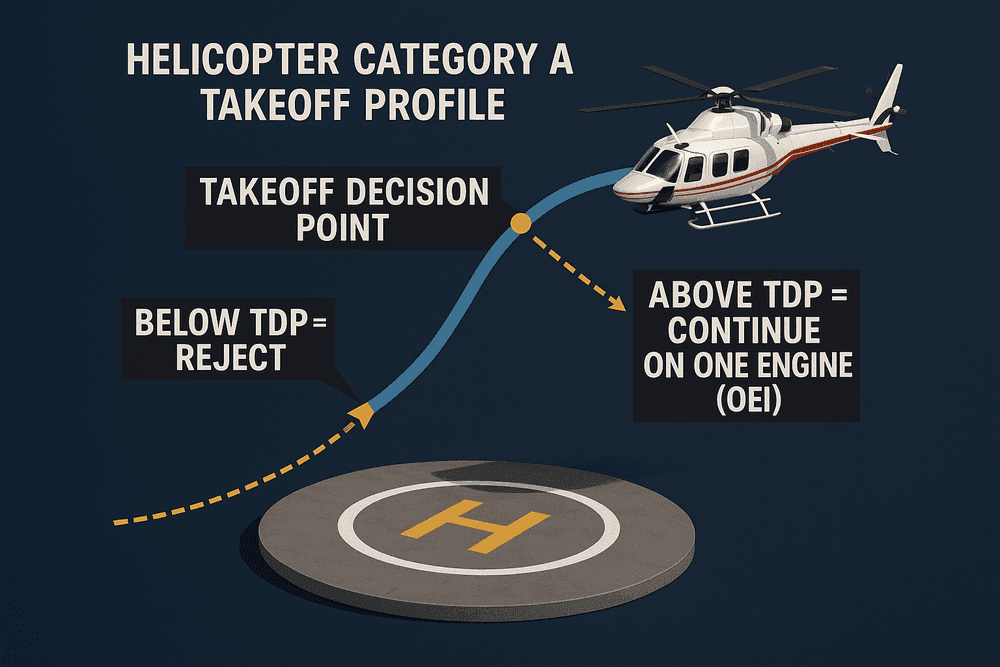 Category A takeoff profile: ต่ำกว่า TDP (takeoff decision point) = reject กลับลานจอด, สูงกว่า TDP = ไปต่อด้วยเครื่องยนต์เดียว (OEI)