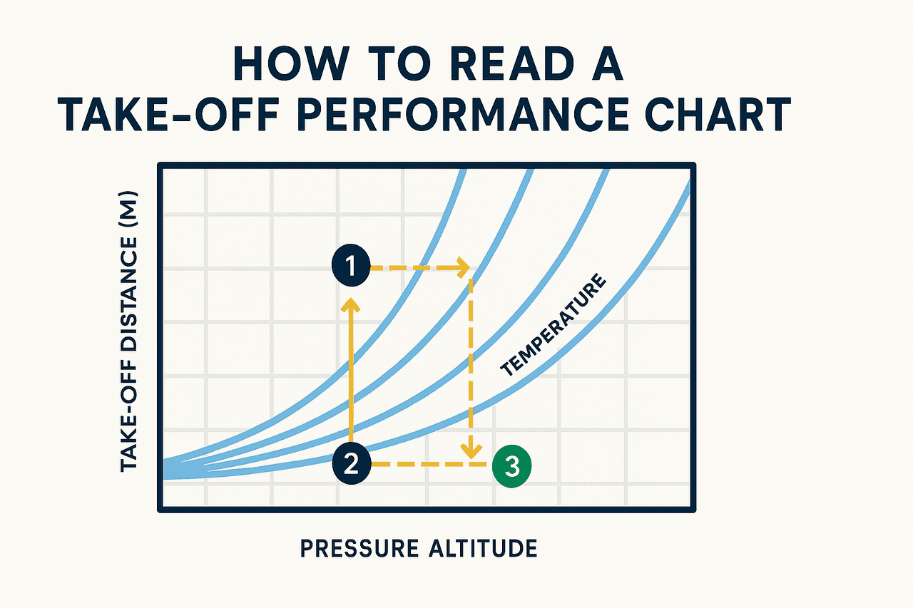 ผังขั้นตอนการอ่านกราฟสมรรถนะ RFM: เดินเส้นจาก pressure altitude สู่ OAT สู่ น้ำหนัก สู่ ลม แล้วอ่านระยะ พร้อมค่าตัวอย่าง PA 3000 ฟุต OAT +25 องศา น้ำหนัก 1300 กก. headwind 10 นอต