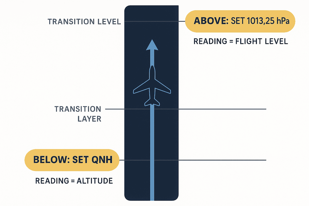 แผนภาพแนวดิ่งแสดงการตั้ง QNH ใต้ transition altitude และ 1013.25 hPa เหนือ transition level
