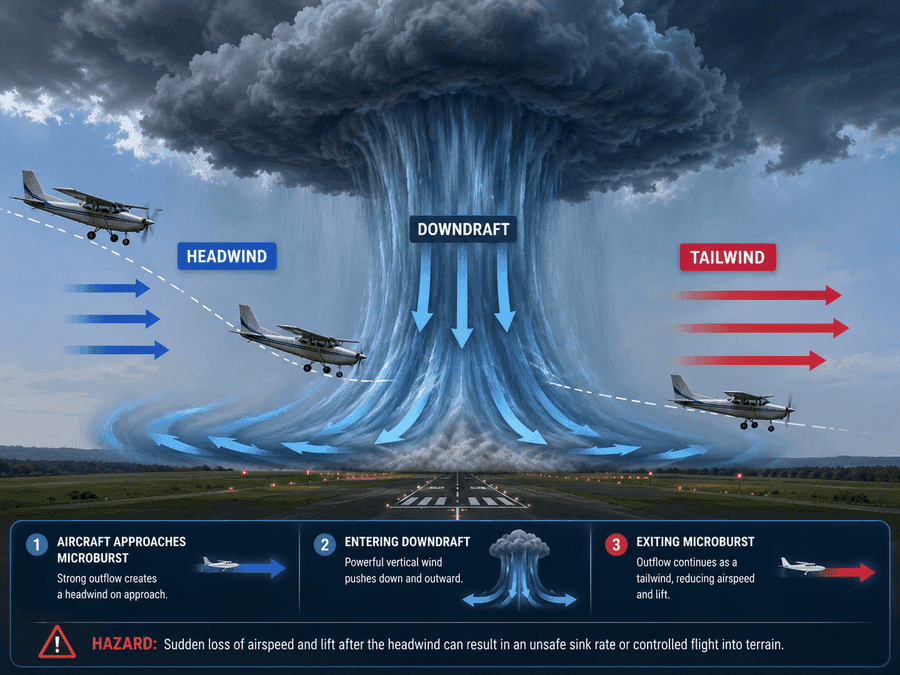 Microburst: wind descends then spreads outwards, causing a sudden switch between headwind and tailwind during the approach