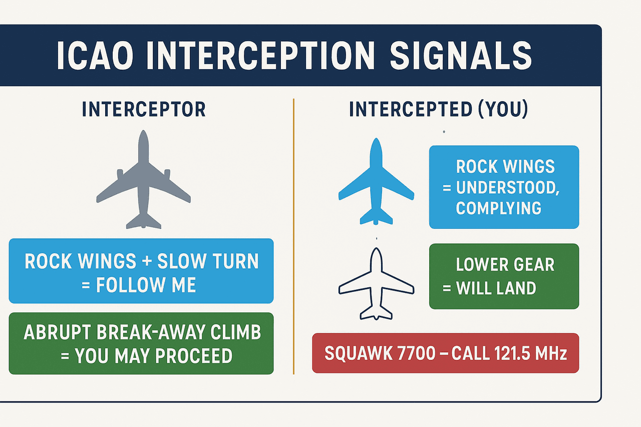 แผนภาพขั้นตอนการสกัดกั้นทางอากาศตาม ICAO: เครื่องสกัดกั้นอยู่ซ้าย-หน้าโยกปีกสั่งให้ตาม เครื่องพลเรือนโยกปีกตอบรับ พร้อมความถี่ 121.5/243.0 MHz และ squawk 7700