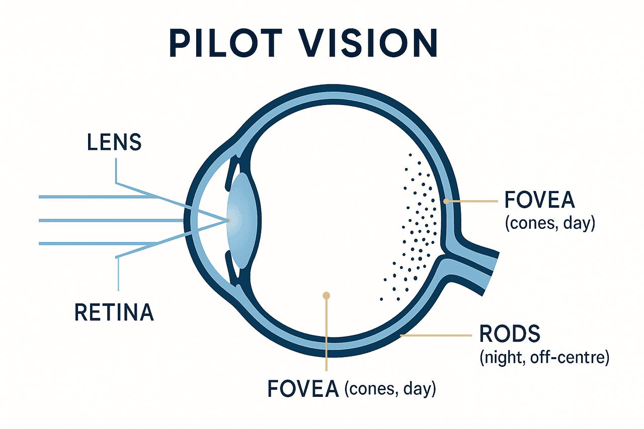 The eye and vision, with detail seen most sharply at the fovea