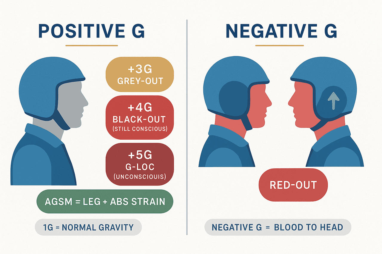 แรงจี: G บวกดึงเลือดลงจากสมอง เกิด grey-out, black-out (ยังรู้ตัว), G-LOC (หมดสติ) ส่วน G ลบดันเลือดขึ้นศีรษะเกิด red-out ต้านด้วย AGSM