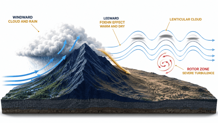 Orographic uplift และ mountain wave: ด้านรับลมเกิดเมฆและฝน ด้านท้ายลมอากาศอุ่นแห้ง (Foehn effect) เกิดคลื่นภูเขา เมฆ lenticular บนยอดคลื่น และ rotor zone ที่ปั่นป่วนรุนแรง