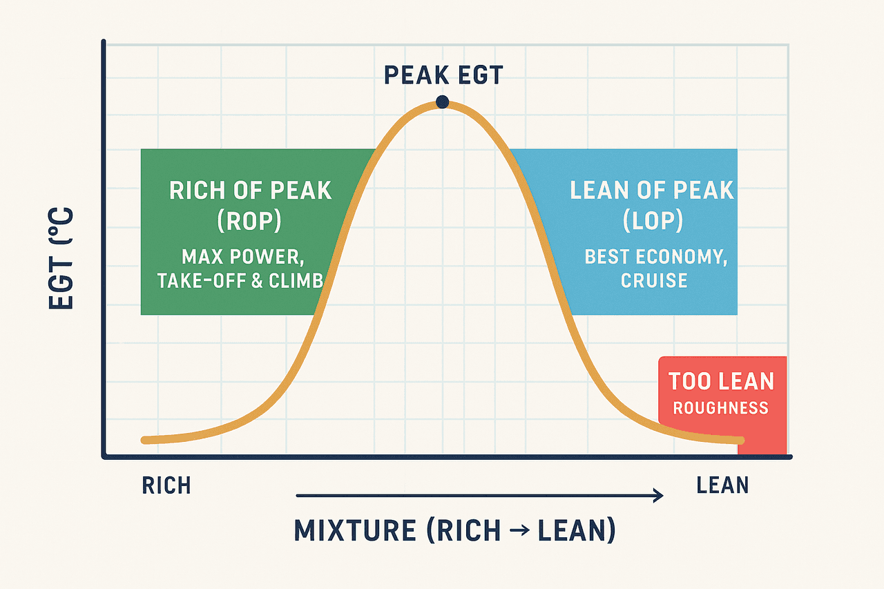 กราฟ EGT gauge แสดง Peak EGT, Best Power และ Lean of Peak พร้อมการตั้ง Mixture control