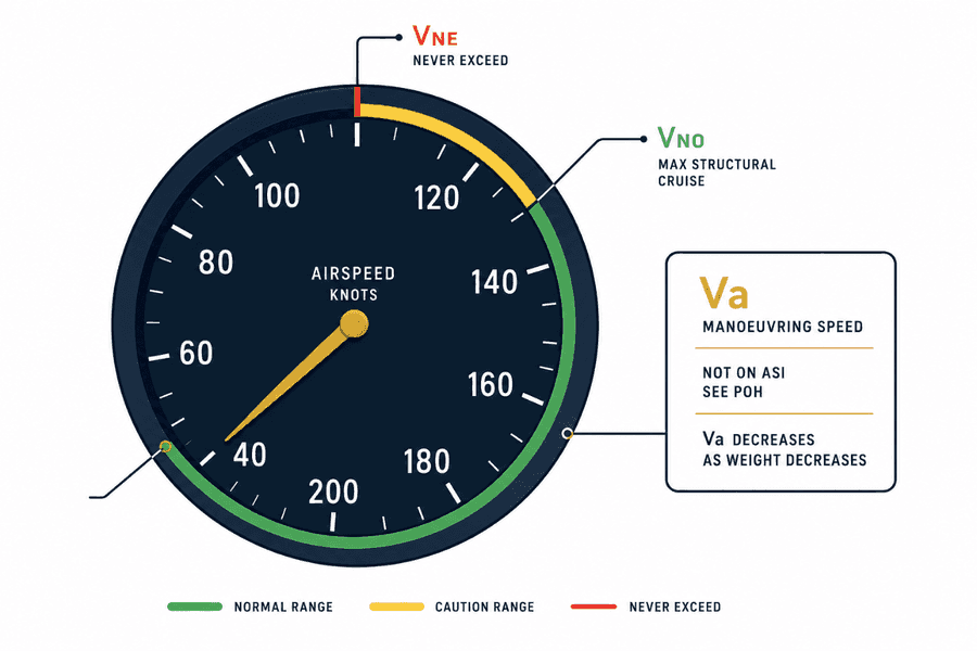 ขีดจำกัดความเร็วโครงสร้างบนหน้าปัด ASI: Vne (เส้นแดง ห้ามเกิน), Vno (ปลายบนของส่วนสีเขียว) และ Va (ไม่แสดงบนหน้าปัด ดูจาก POH และลดลงเมื่อน้ำหนักลดลง)