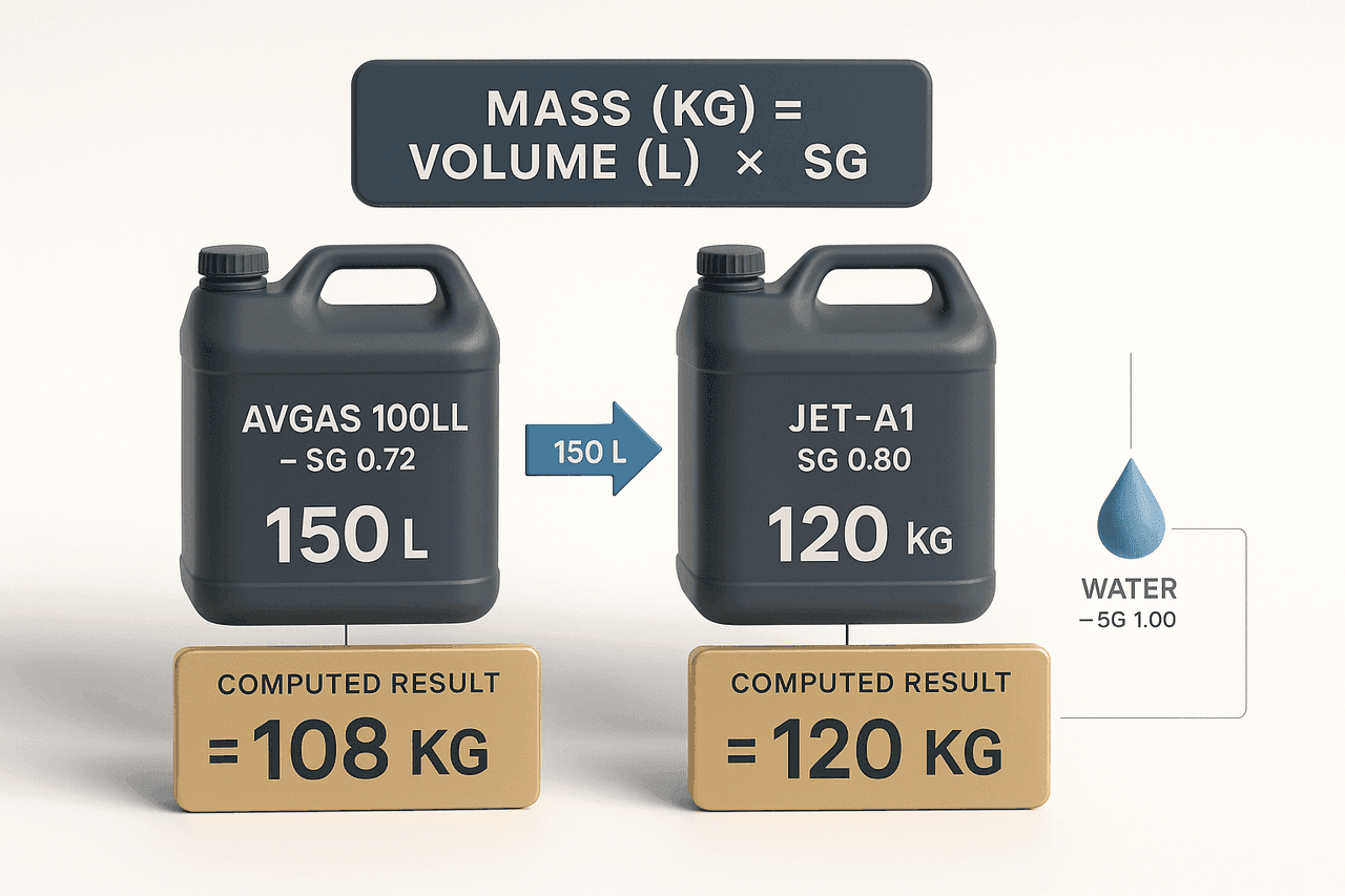 ตาราง Specific Gravity เปรียบ Avgas 100LL (SG=0.72) กับ Jet-A1 (SG=0.80) พร้อมสูตรแปลง: kg = ลิตร × SG