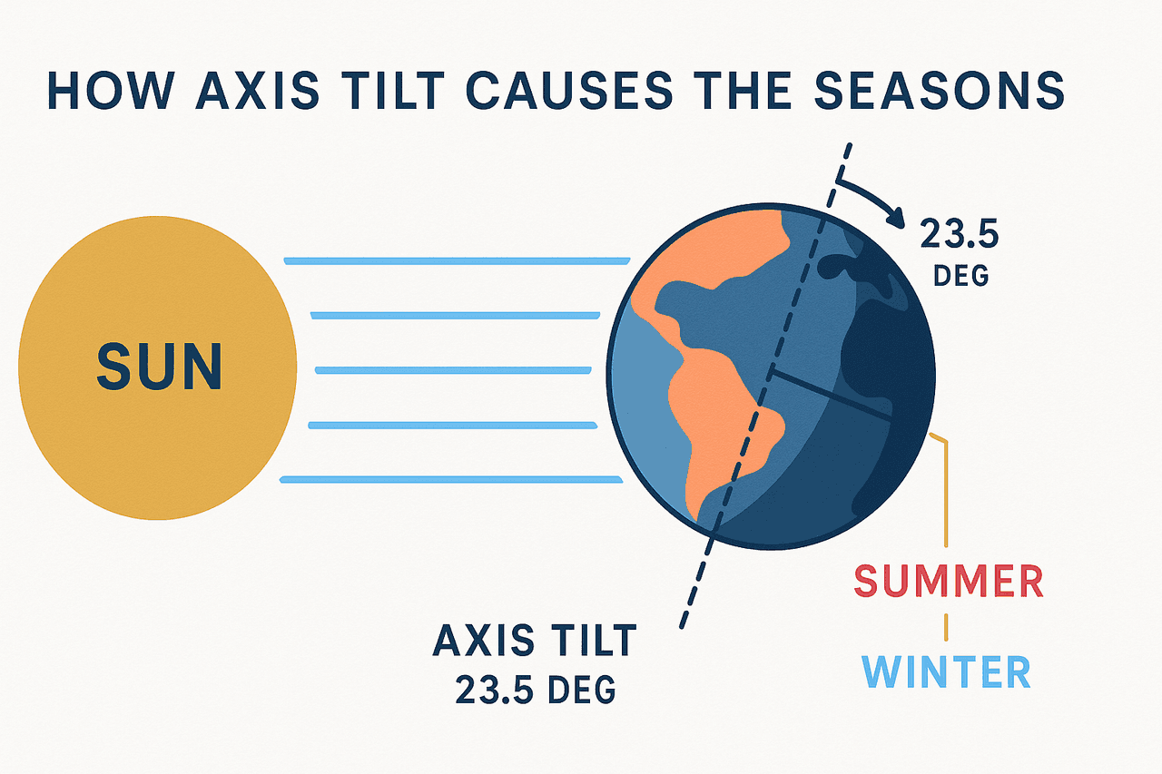 The Earth's axis tilted at 23.5 degrees causes the seasons
