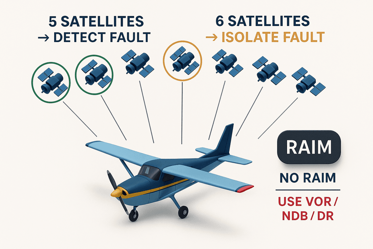 RAIM ของ GPS/GNSS ต้องการดาวเทียมอย่างน้อย 5 ดวงเพื่อตรวจจับข้อผิดพลาด และ 6 ดวงเพื่อระบุดวงที่ผิดและตัดออก หากไม่มี RAIM ต้องใช้ VOR NDB หรือ DR เป็นวิธีนำทางสำรอง