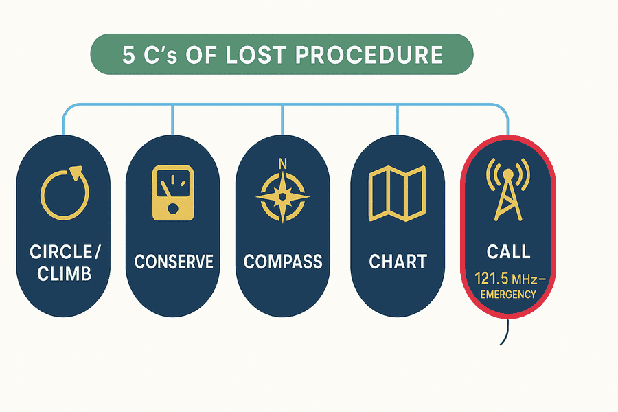 ลำดับ 5 C's เมื่อหลงทาง: Circle/Climb → Conserve → Compass → Chart → Communicate