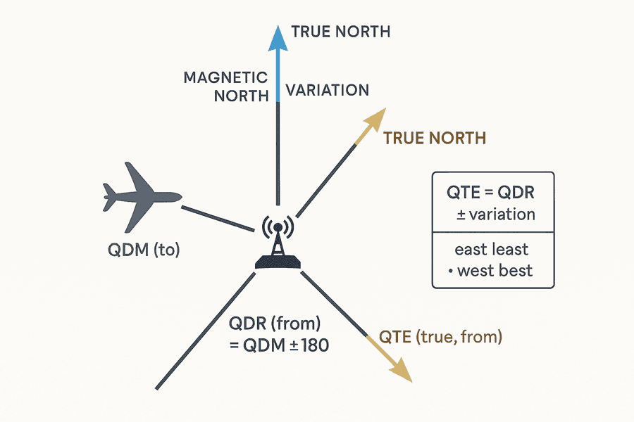 ความสัมพันธ์ QDM QDR QTE: QDM ทิศแม่เหล็กเข้าหาสถานี, QDR ทิศแม่เหล็กออกจากสถานี (QDM บวกลบ 180), QTE ทิศจริงออกจากสถานี = QDR แก้ค่า variation