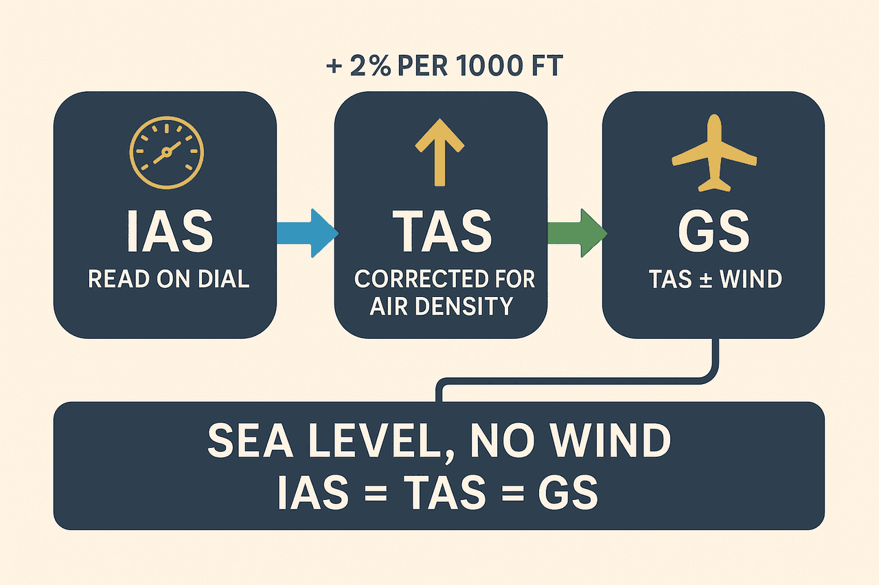 ความเร็วสามแบบ IAS TAS GS: IAS อ่านบนหน้าปัดใช้บินจริง, TAS แก้ความหนาแน่นอากาศใช้คำนวณ navigation, GS = TAS บวกลบลม ใช้หาเวลา ETA