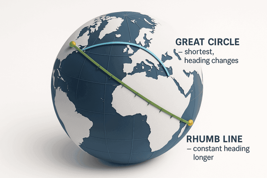 Great Circle เส้นทางสั้นที่สุดบนพื้นโลกแต่ heading เปลี่ยนตลอด เทียบกับ Rhumb Line ที่ตัด meridian ทุกเส้นด้วยมุมคงที่ บินด้วย heading เดียวแต่ระยะยาวกว่า