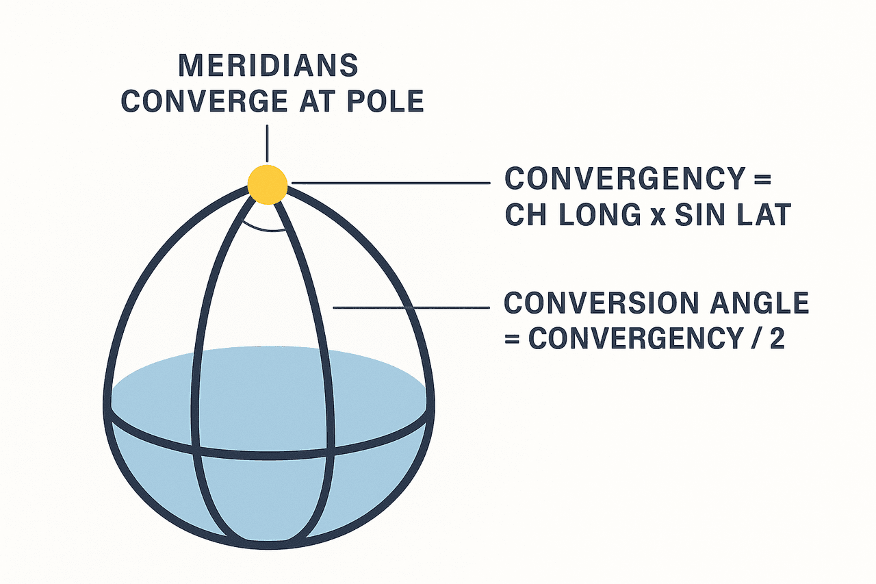 Convergency: meridian บรรจบกันที่ขั้วโลกทำให้มุมระหว่างเส้นแคบลงเมื่อเข้าใกล้ขั้ว และ Conversion Angle = Convergency ÷ 2 ใช้แปลง great circle bearing เป็น rhumb line bearing