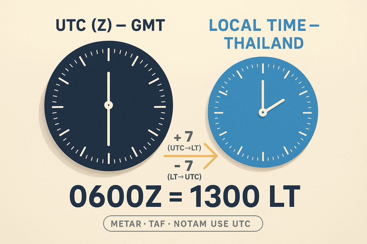 การแปลงเวลา UTC กับเวลาท้องถิ่นไทย UTC+7: UTC บวก 7 ได้เวลาท้องถิ่น เวลาท้องถิ่นลบ 7 ได้ UTC ตัวอย่าง 0600Z เท่ากับ 1300 LT — METAR TAF NOTAM ใช้ UTC เสมอ