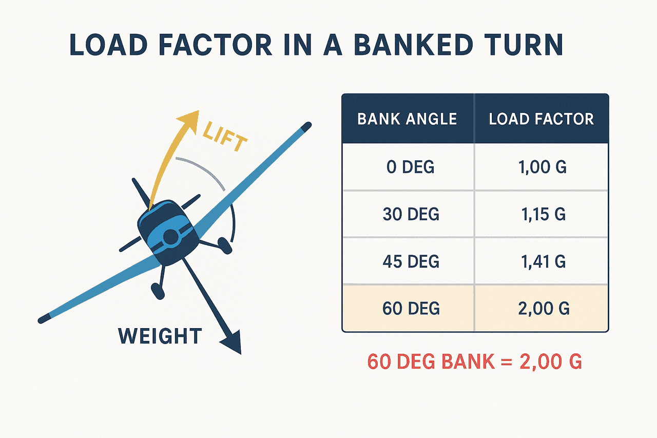แผนภาพ load factor ในการเลี้ยว แสดงลูกศรแรงยกเอียงตามมุม bank และตารางค่ามุมเอียงกับ G ที่ 60 องศาเท่ากับ 2G