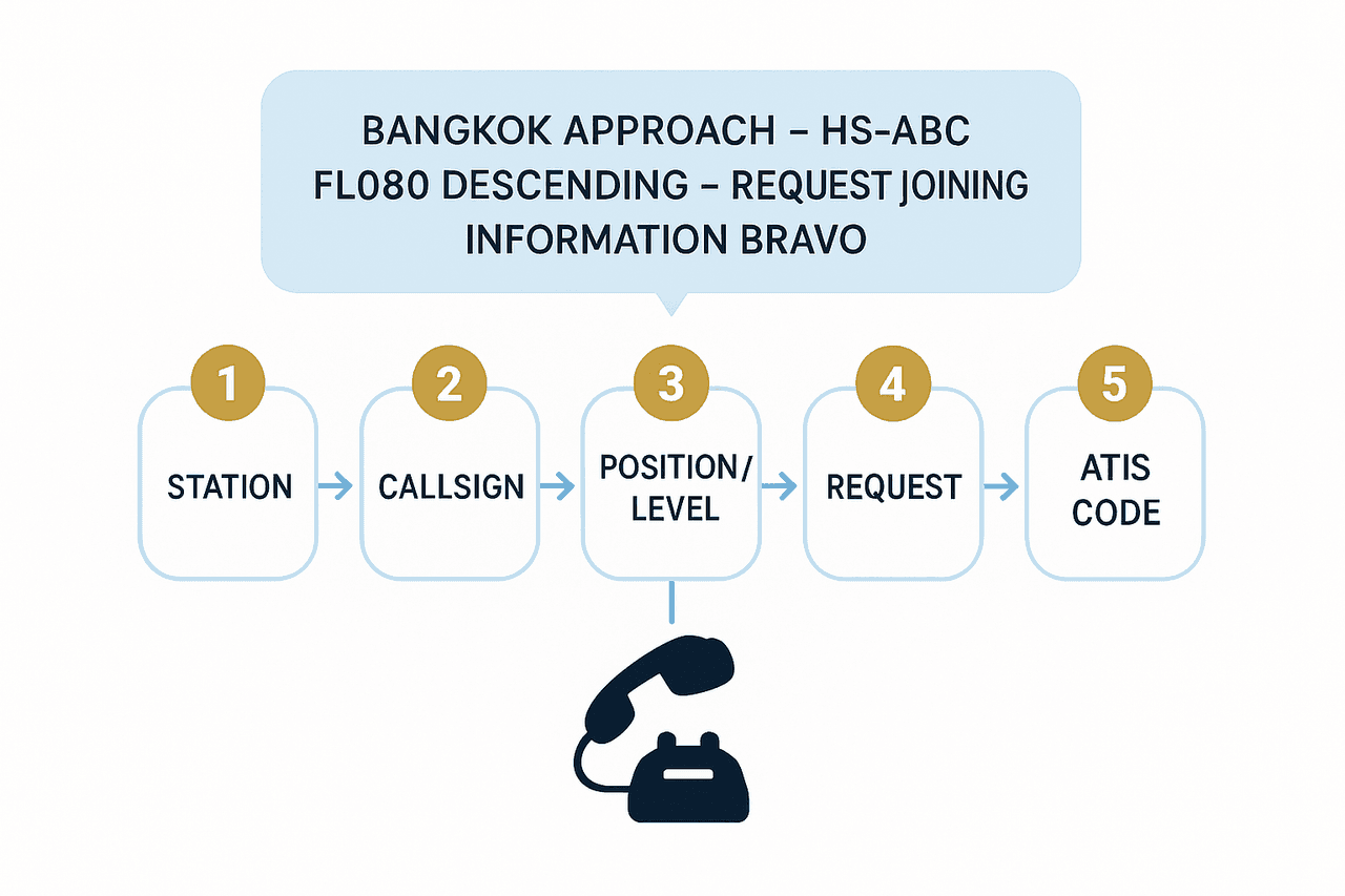 โครงสร้าง Initial Call ห้าขั้น: STATION → CALLSIGN → POSITION/LEVEL → REQUEST → ATIS CODE
