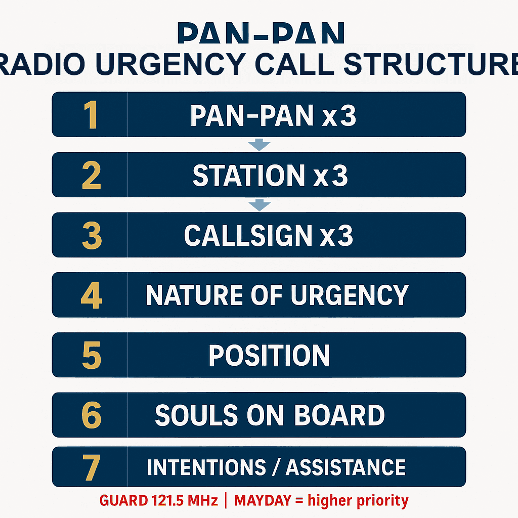 โครงสร้างข้อความ PAN-PAN 7 ขั้น: PAN-PAN×3 → STATION×3 → CALLSIGN×3 → NATURE OF URGENCY → POSITION → SOULS ON BOARD → INTENTIONS