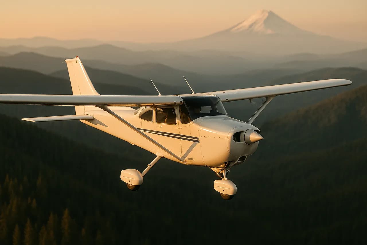 A single-engine training aeroplane flying over forested mountains at golden hour