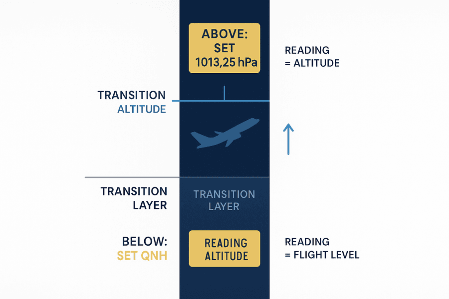 แผนภาพแนวดิ่งแสดงการตั้ง QNH ใต้ transition altitude และ 1013.25 hPa เหนือ transition level