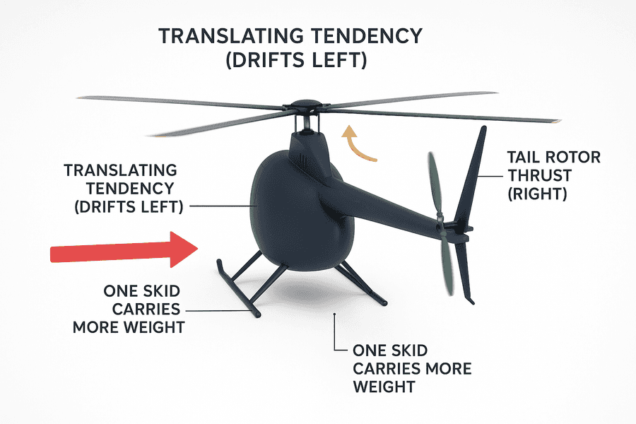 ภาพมุมหลังของเฮลิคอปเตอร์ hover แสดงแรงผลัก tail rotor ทำให้ตัวเครื่องเลื่อนข้าง นักบินชดเชยด้วย lateral cyclic