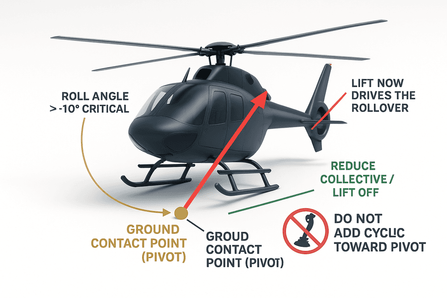 ภาพเฮลิคอปเตอร์เอียงบนพื้นรอบจุด pivot ที่ skid แสดง roll angle เกิน 10 องศา ห้ามดัน cyclic เข้าหา pivot