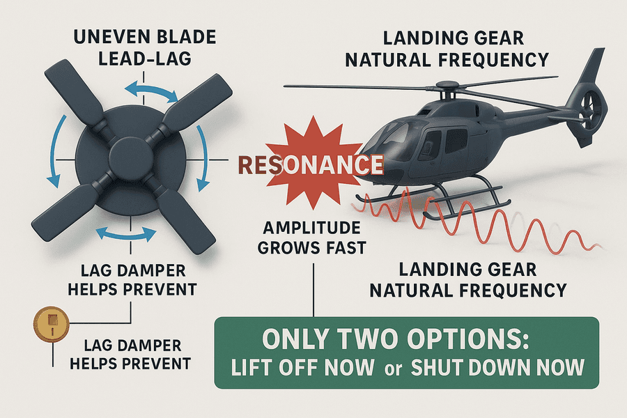 แผนภาพ ground resonance แสดง coupling ระหว่างใบ lead-lag ที่ไม่สม่ำเสมอกับความถี่ธรรมชาติของช่วงล่าง สองทางออกคือขึ้นบินหรือดับเครื่องทันที