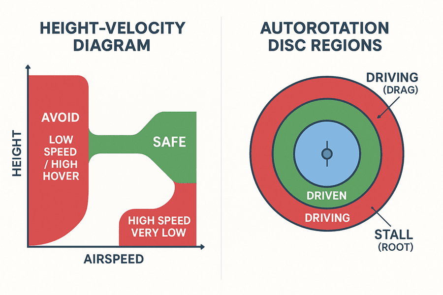 แผนภาพสองช่อง: H-V diagram แสดงโซนอันตรายความสูง-ความเร็ว และจานโรเตอร์สามโซน driven/driving/stall ในออโตโรเทชัน
