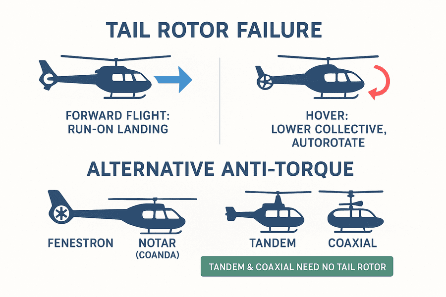 แผนภาพการแก้ tail rotor ขัดข้องในการบินหน้าและ hover พร้อมระบบ anti-torque ทางเลือก Fenestron NOTAR tandem และ coaxial