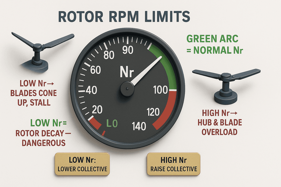 เกจ Nr แสดง green arc ปกติ พร้อมโซน low-Nr (rotor decay) และ high-Nr (overspeed) และวิธีแก้ของแต่ละกรณี