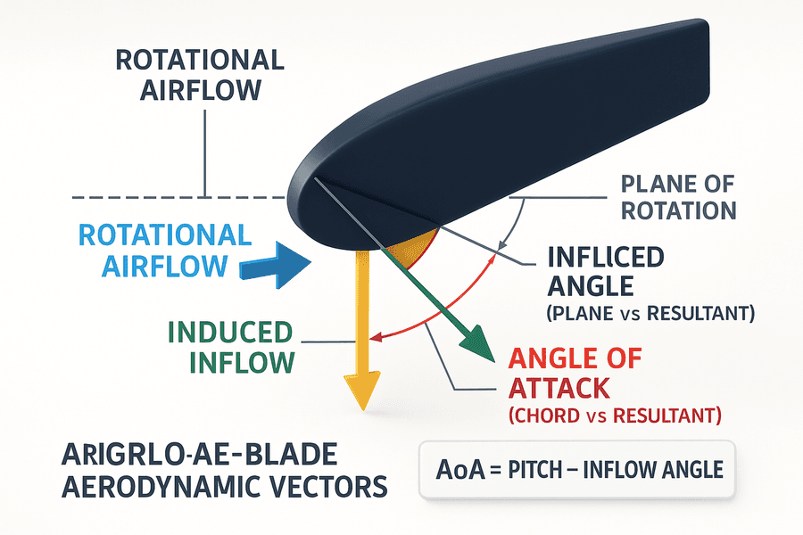 ภาพหน้าตัดใบโรเตอร์แสดงลมหมุนรวมกับลมเหนี่ยวนำเป็นลมสัมพัทธ์รวม พร้อม pitch angle, inflow angle และ angle of attack ตามสูตร AoA = pitch − inflow
