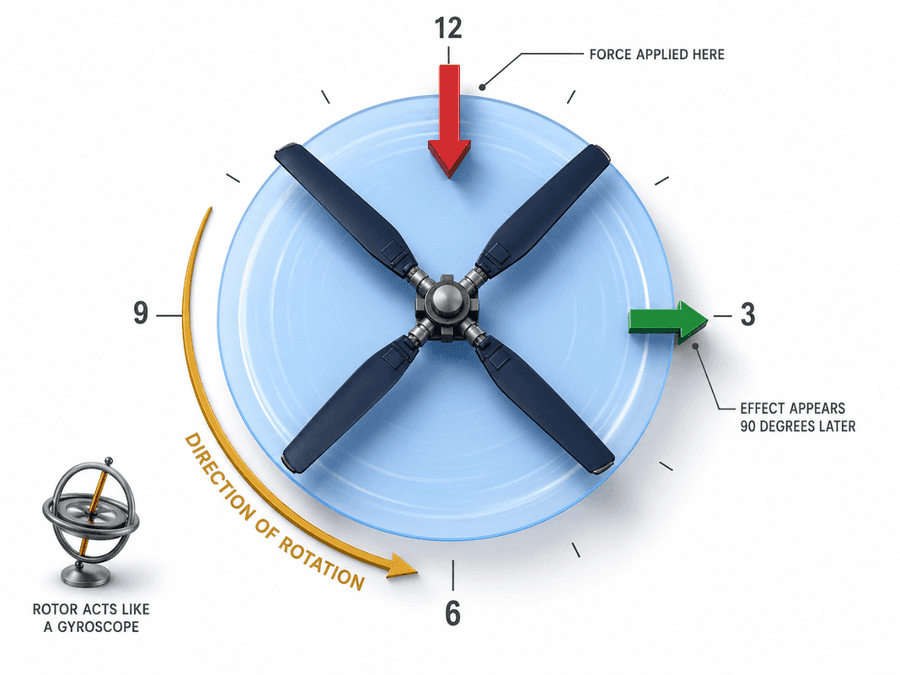 Gyroscopic precession: แรงที่กระทำต่อโรเตอร์ที่กำลังหมุนจะปรากฏผล 90 องศาถัดไปในทิศการหมุน โรเตอร์จึงทำตัวเหมือนไจโรสโคป