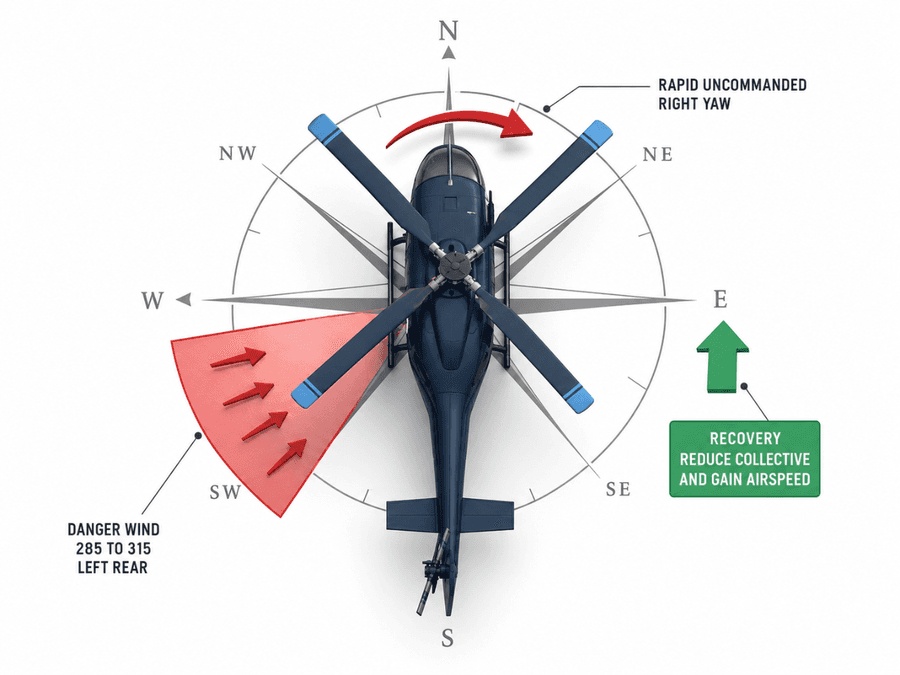 LTE: ลมจากทิศ 285°–315° (left rear สำหรับโรเตอร์หมุนทวนเข็ม) ทำให้ tail rotor เสียประสิทธิภาพ เครื่องหมุน yaw ขวาฉับพลัน แก้ด้วยการลด collective และเพิ่ม airspeed