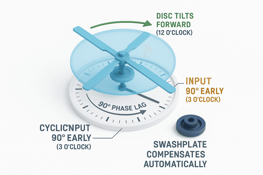 แผนภาพมุมบนแสดง phase lag 90 องศา: ป้อน cyclic ที่ 3 นาฬิกาแล้วจานโรเตอร์เอียงไปหน้าที่ 12 นาฬิกา ระบบ swashplate ชดเชยให้