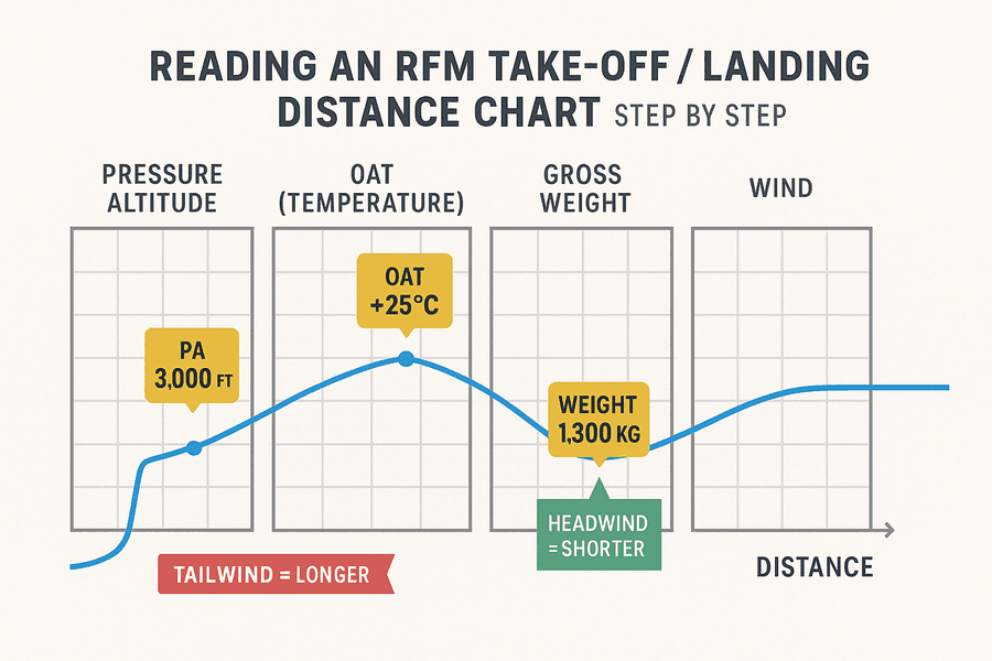 ผังขั้นตอนการอ่านกราฟสมรรถนะ RFM: เดินเส้นจาก pressure altitude สู่ OAT สู่ น้ำหนัก สู่ ลม แล้วอ่านระยะ พร้อมค่าตัวอย่าง PA 3000 ฟุต OAT +25 องศา น้ำหนัก 1300 กก. headwind 10 นอต