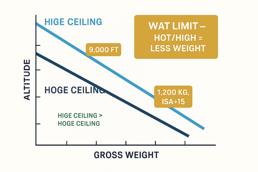 กราฟ WAT limit และเพดาน hover: เส้น HIGE ceiling อยู่สูงกว่า HOGE ceiling ทั้งคู่ลาดลงเมื่อน้ำหนักเพิ่ม ร้อน/สูงทำให้รับน้ำหนักได้น้อยลง