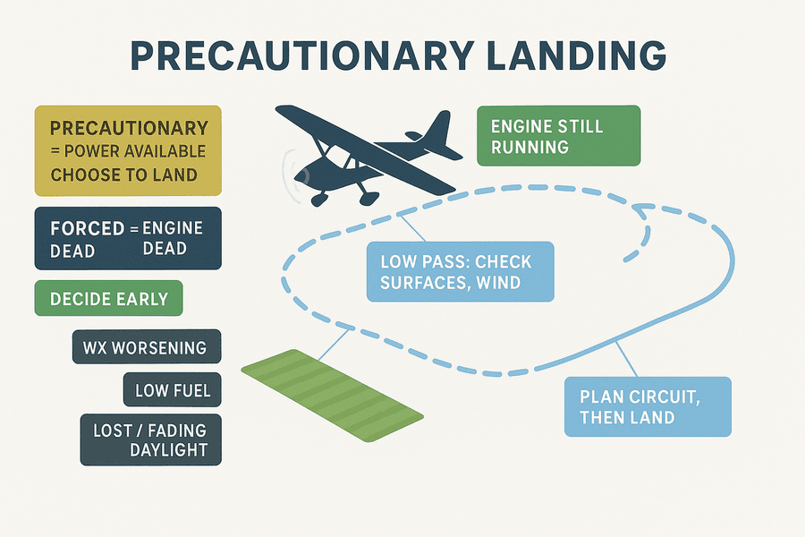 แผนภาพการลงจอดเชิงป้องกัน: ยังมีกำลังเครื่องจึงบินตรวจสนามแบบ low pass ดูพื้นผิว สิ่งกีดขวาง และทิศลมก่อน แล้ววางวงจรลงจอดอย่างเป็นระบบ ต่างจาก forced landing ที่เครื่องยนต์ดับและไม่มีทางเลือก ตัดสินใจเร็วคือกุญแจสำคัญ