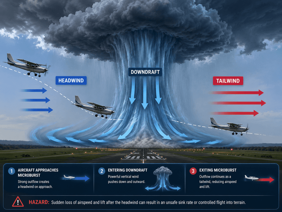 Microburst: ลมพัดลงแล้วตีออกด้านข้าง ทำให้ลมหัวและลมท้ายสลับฉับพลันช่วงร่อนลง