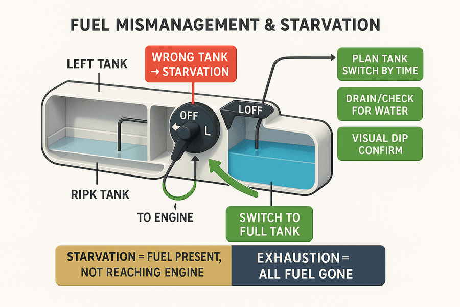 แผนภาพการบริหารเชื้อเพลิงผิดพลาด: fuel starvation คือมีน้ำมันแต่ไหลไปไม่ถึงเครื่อง เช่นเลือกถังผิด ต่างจาก exhaustion ที่หมดทั้งลำ แก้โดยสลับไปถังที่มีเชื้อเพลิง ป้องกันด้วยสลับถังตามแผน ระบายตรวจน้ำ และยืนยันด้วยสายตา