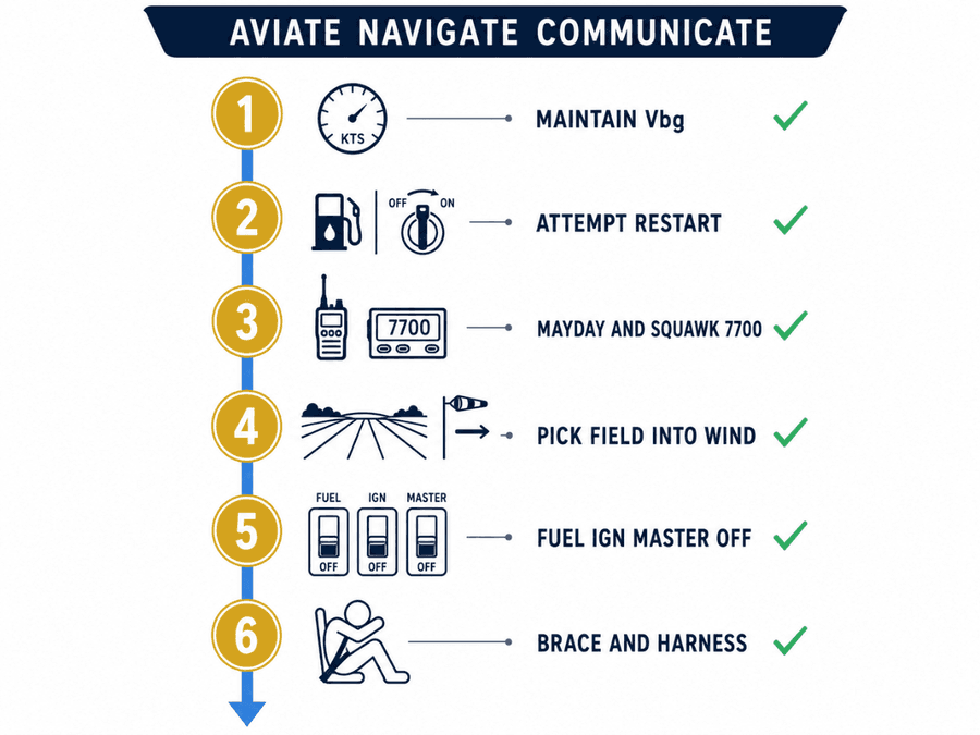 ลำดับการลงจอดฉุกเฉิน 6 ขั้นตามหลัก Aviate-Navigate-Communicate: รักษา Vbg, พยายามสตาร์ทเครื่องใหม่, ส่ง MAYDAY และ squawk 7700, เลือกพื้นที่ลงทวนลม, ปิดเชื้อเพลิง/ไฟจุดระเบิด/master switch และคาดเข็มขัดเตรียม brace